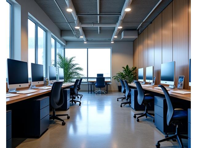 Modern business center with private workstations and meeting areas
