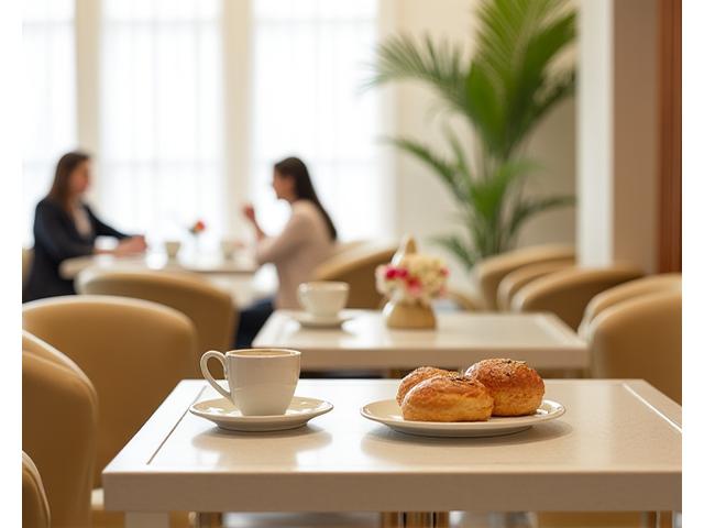 Bright and airy hotel cafe with comfortable seating
