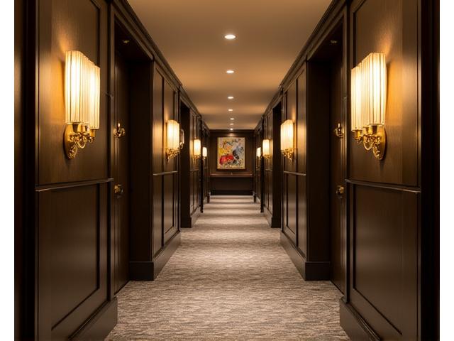 Luxurious hotel corridor with elegant lighting fixtures and art