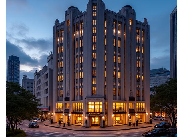 Shinju Suites hotel exterior at dusk, showcasing Art Deco architecture