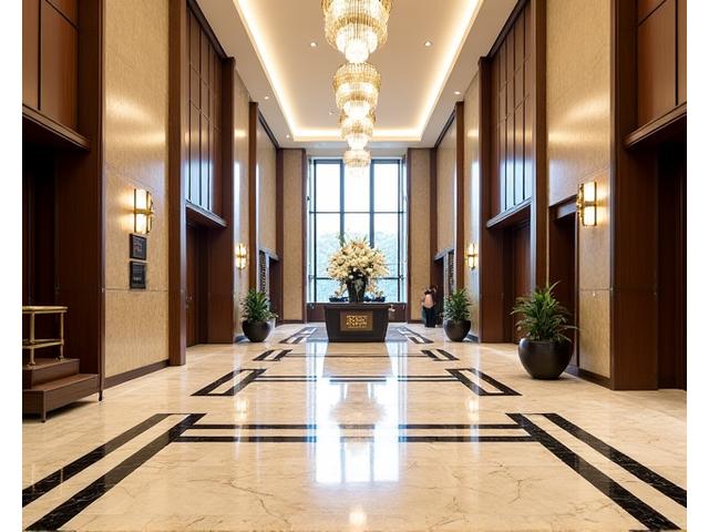 Grand hotel lobby with marble floors and geometric Art Deco patterns