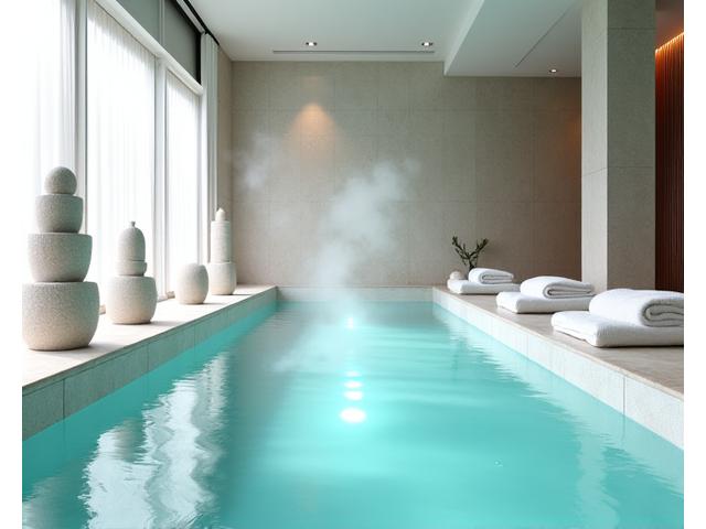 Serene wellness spa area with a heated pool and Art Deco details